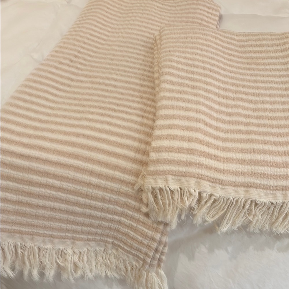 Two Texteis Penedo 100% cotton Striped Fringe Throw Blankets like new.